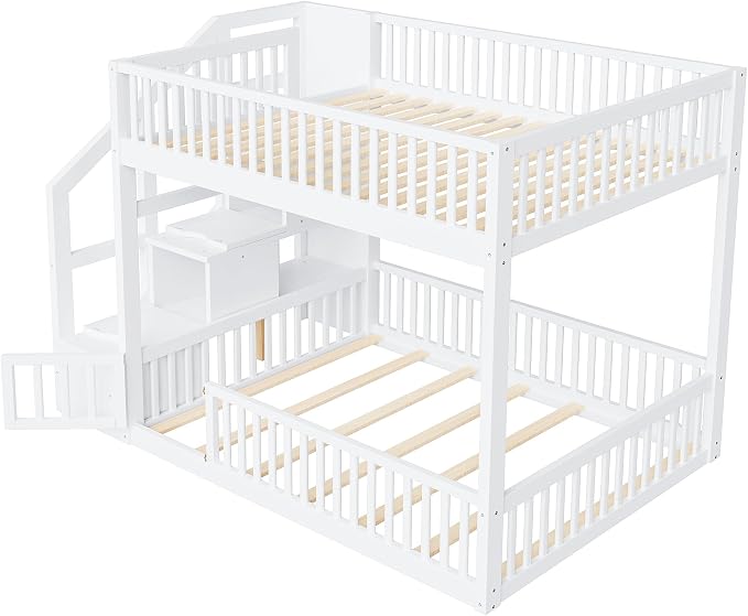 Full Over Full Floor Bunk Bed with Storage Ladder and Guardrails,for Kids Teens Adults (White#FF, Full Over Full)