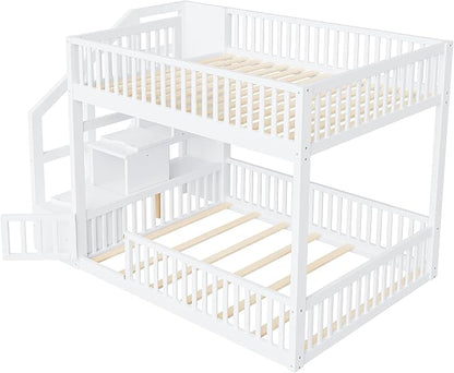 Full Over Full Floor Bunk Bed with Storage Ladder and Guardrails,for Kids Teens Adults (White#FF, Full Over Full)