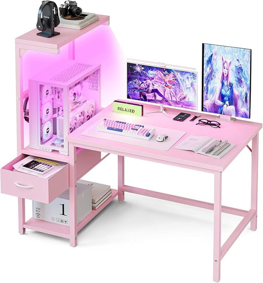 Grandder Gaming Desk 47 Inch with CPU Stand and LED Light, Computer Desk with Reversible Shelves and Storage Drawer, Pc Small Desk for Home Office Table with Bag, Pink