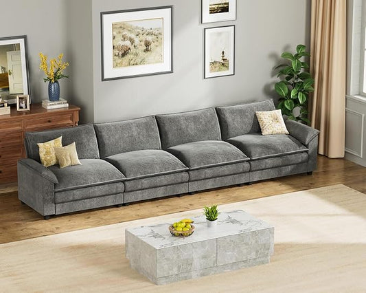 Homall 159" Modular Sectional Sofa, Linear Sofa Couch with Double-Layer Cushion, DIY Combination Chenille Deep 4-Seat Cloud Couch for Living Room, Apartment (Light Grey, Linear Sofa)