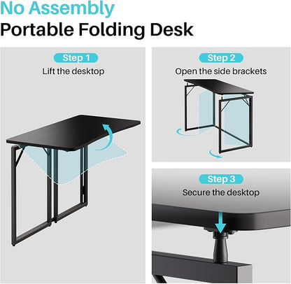 JOYMOOP Black 40" Folding Desk, No Assembly Small Foldable Desk for Home, Office, Wooden Top Folding Computer Desk for Working, Writing, Studying - Middle Size