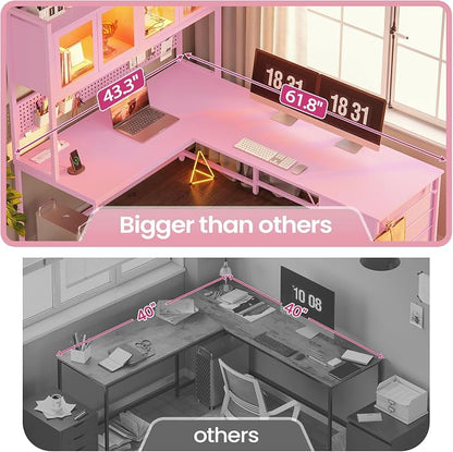SEDETA L Shaped Gaming Desk with Drawers, L Shaped Computer Desk with Hutch and Storage Shelves, Gaming Desk with Pegboard, Led Lights, and Power Outlet, Home Office Desk, Corner Desk, Pink