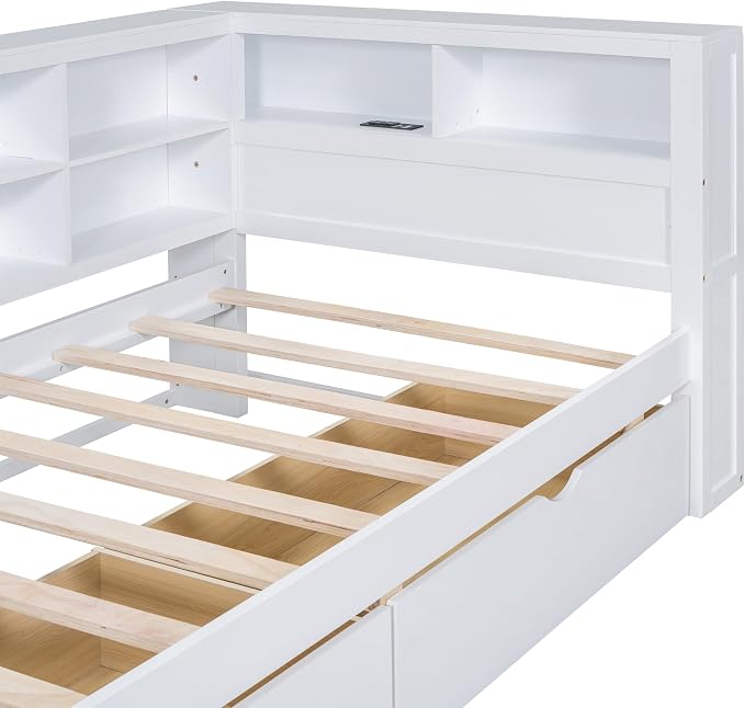 Bellemave Twin Corner Bed Frame, Wood Twin Size Daybed with L-Shaped Bookcase and 2 Drawers，Daybed with Storage Cabinets, White