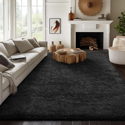 Ophanie 7x10 Black Area Rugs for Living Room,Large Shag Bedroom Carpet,Big Indoor Thick Soft Shaggy Nursery Rug,Fluffy Carpets for Boy and Girls Room Dorm Decor Aesthetic with Over 99 pcs Pile fibers