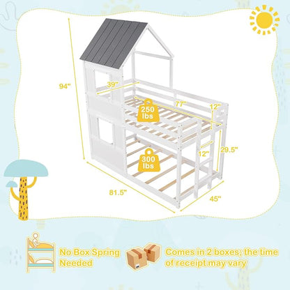 Giantex House Bunk Bed Twin Over Twin, Solid Wood Floor Bunk Bed with Built in Ladder, Window & Safety Guardrail, Wooden Kids Low Bunk Beds for Teens Boys & Girls, No Box Spring Needed, White