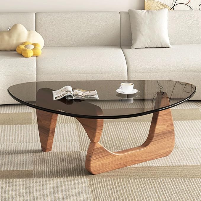Mid Century Modern Glass Coffee Table, Coffee Table for Living Room, Brown Glass Coffee Tables,Suitable for Bedroom Living Room Reception Office Tables (Walnut/Grey, Medium 35.8 * 25.5 * 16in)
