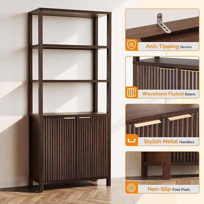 VINGLI Bookcase with Fluted Doors, 71" Wood Storage Cabinet with Adjustable Shelves, 6-Tier Display Cabinet Bookshelf for Study, Living Room, Home Office, Kitchen Pantry, Walnut