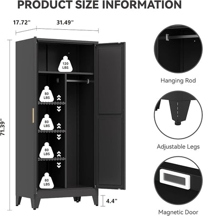Baborokic Metal Wardrobe Cabinet with Hanging Rod,Large 71" Armoire Wardrobe Closet with Adjustable Shelves and Doors,Farmhouse Metal Office Cabinets for Bedroom,Office,Employee(Black)