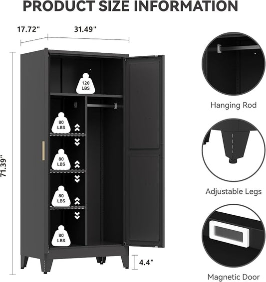 Baborokic Metal Wardrobe Cabinet with Hanging Rod,Large 71" Armoire Wardrobe Closet with Adjustable Shelves and Doors,Farmhouse Metal Office Cabinets for Bedroom,Office,Employee(Black)