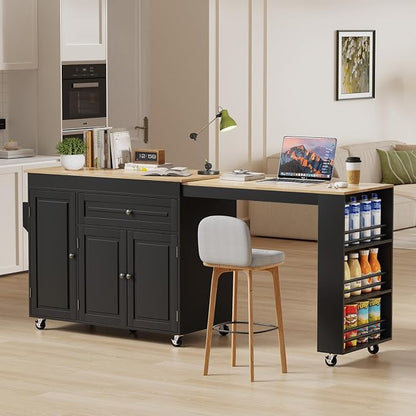 Expandable Kitchen Island with Storage Drawer and Wheels, Black | Rubberwood top expands 48.4"-82.6". Spacious drawer, 2 cabinets, 2 shelves, spice rack & towel bar. Lockable casters.