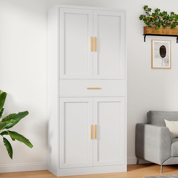 71” Tall Kitchen Pantry Cabinet, Metal Storage Cabinet with 2 Doors and 4 Adjustable Shelves for Kitchen, Living Room, Laundry Room (White, 71" H-1 Drawer)