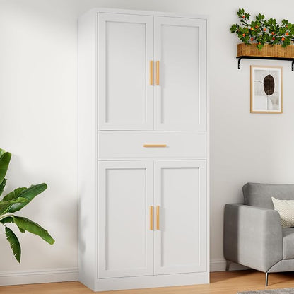 71” Tall Kitchen Pantry Cabinet, Metal Storage Cabinet with 2 Doors and 4 Adjustable Shelves for Kitchen, Living Room, Laundry Room (White, 71" H-1 Drawer)
