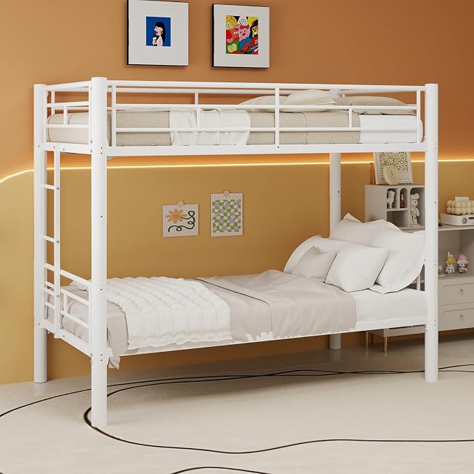 Bunk Bed Twin Over Twin, Metal Bunk Bed with Side Ladder and Safety Guardrail, Space-Saving Twin Bunk Beds for Kids, Teens & Adults, No Box Spring (Side Laddder, White)