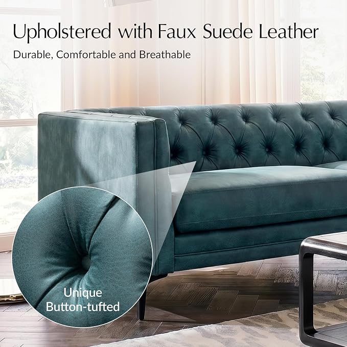 HULALA HOME 84" W Faux Leather Sofa, Mid Century Modern Couch with Metal Legs and Button Tufted, 3 Seater Contemporary Upholstered Couches for Living Room, Entertainment Area, Apartment, Blue