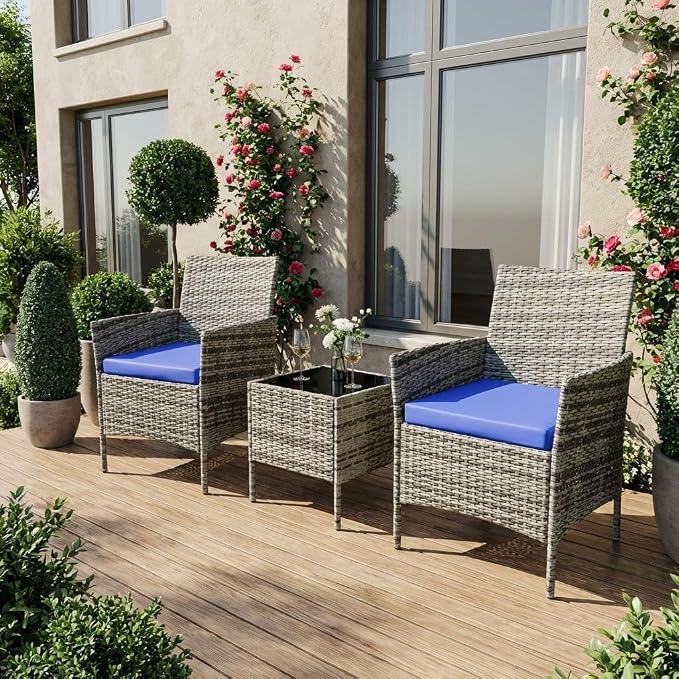 3 Piece Outdoor Patio Furniture Set, All-Weather PE Rattan Wicker Chairs with Waterproof Cushions & Tempered Glass Side Table, Modern Conversation Set for Garden, Backyard, Porch, Poolside, Gray/Blue