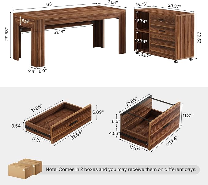 Tribesigns 63" L Shaped Desk with File Cabinet, Large Executive Office Desk with Rolling Filing Cabinet, Long Computer Table with Drawers, Business Furniture Set for Home Office, Light Walnut