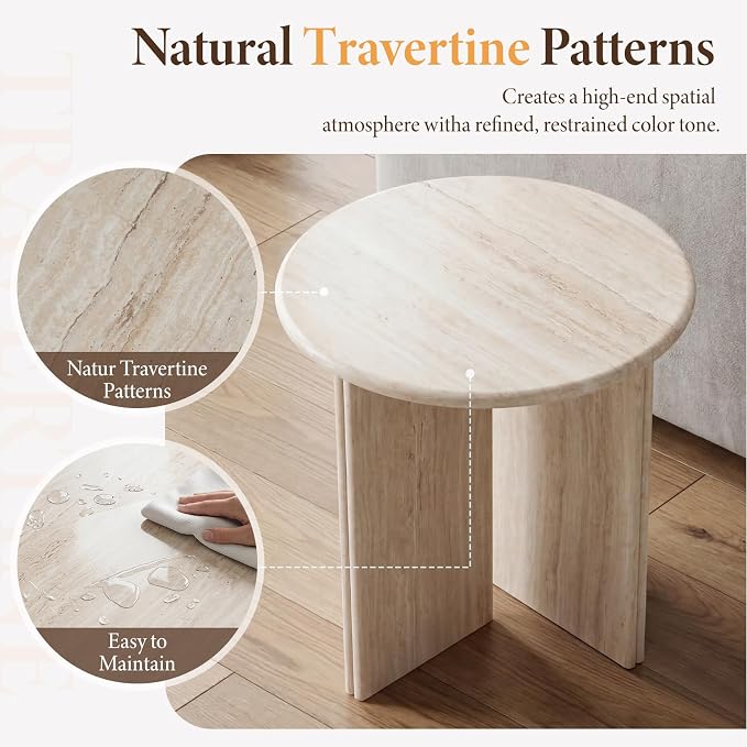 DUOMAY Wood Round Side Table Small Faux Marble Bedside Table 18" Modern End Table Natural Travertine Finish for Living Room, Bedroom, Sofa Side, Reception Room, Luxury Minimalist, Beige