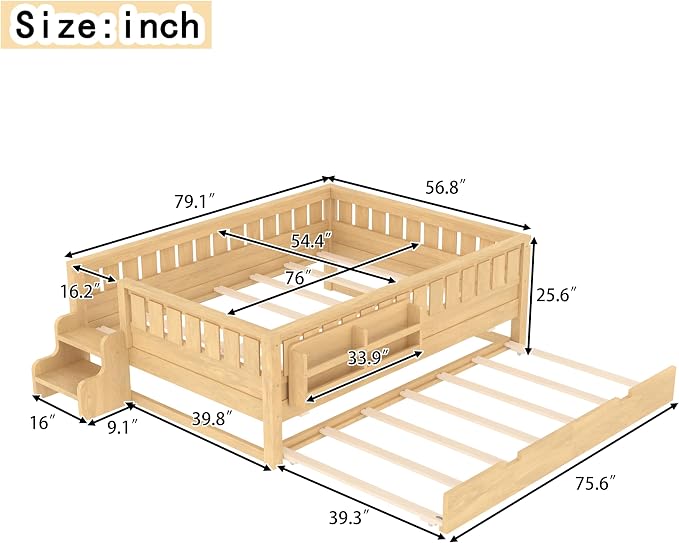 Bellemave Full Kids Montessori Bed with Stairs, Bookshelf and Trundle, Solid Wood Kids Bed Frame with Storage for Boys Girls, Low Profile,Light Natural