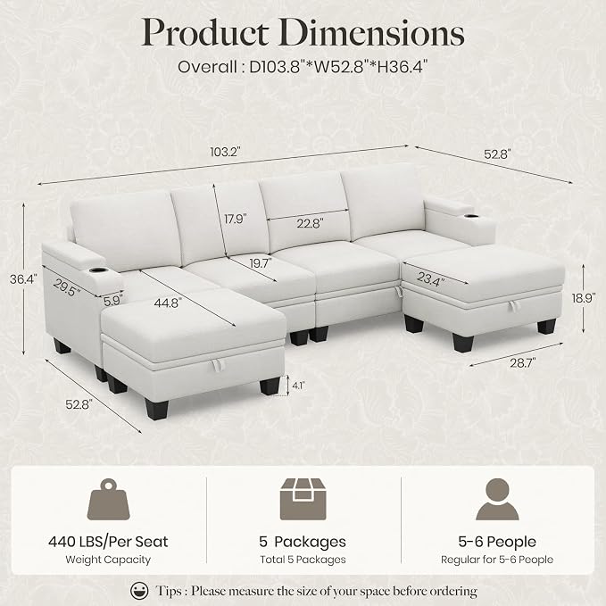 Belffin Modular Sectional Sofa Convertible U Shaped Couch with Storage Sectional Couches with Chaise for Living Room Beige