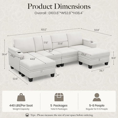 Belffin Modular Sectional Sofa Convertible U Shaped Couch with Storage Sectional Couches with Chaise for Living Room Beige