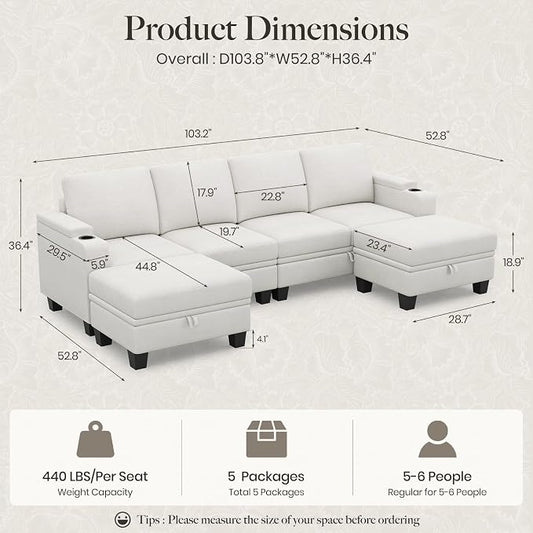Belffin Modular Sectional Sofa Convertible U Shaped Couch with Storage Sectional Couches with Chaise for Living Room Beige