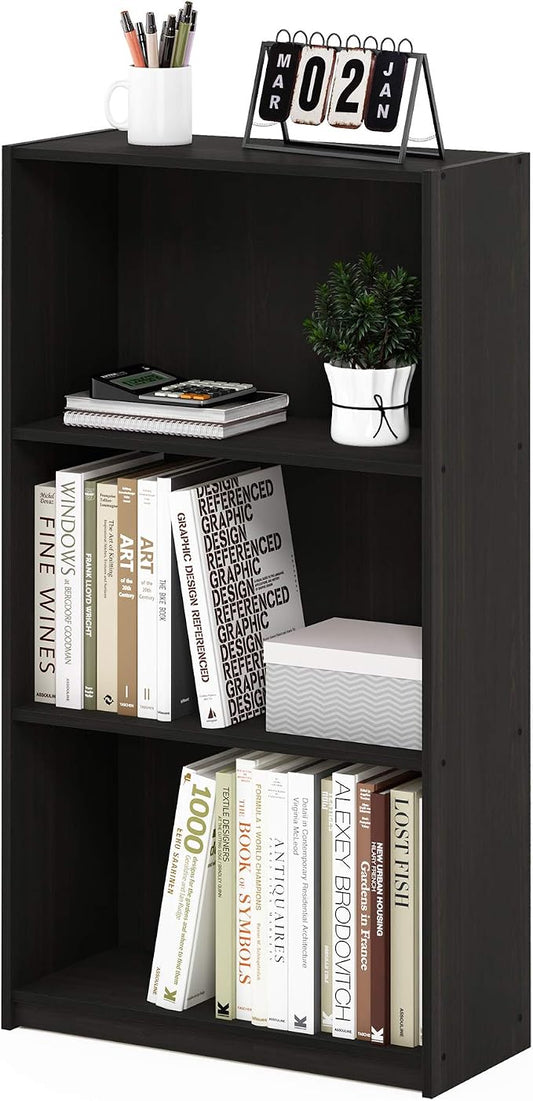 Furinno BASIC Book Shelf, 3-Tier Bookshelf with Open Shelves, Standing Bookcase, 9.3" x 21.8" x 39.5", for Organization and Storage, for Living Room, Bedroom, Home Office, Espresso