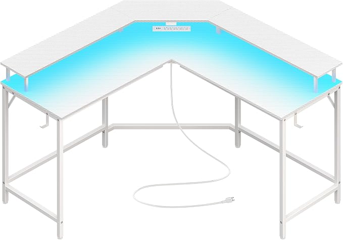 Huuger L Shaped Gaming Desk with Power Outlets & LED Lights, Computer Desk with Monitor Shelves, Carbon Fiber Surface, Home Office Desk, Corner Gaming Desk with Hooks, Carbon Fiber White