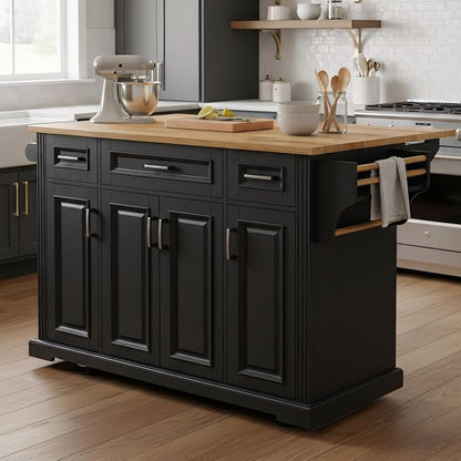 Large Kitchen Island with Rubber Wood Drop Leaf, Rolling Kitchen Cart with Ample Storage on Wheels with Doors and Drawers, Embossed Texture for Dining Room (Black, Silver Handle, 54Inch)