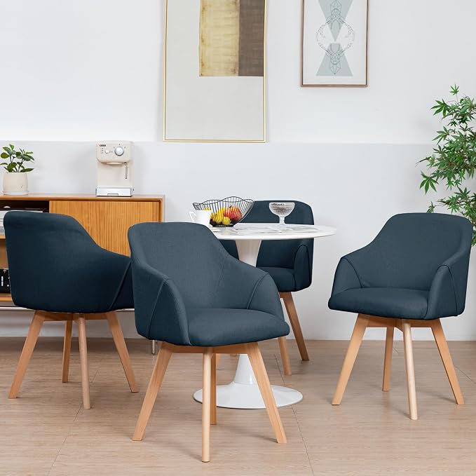 Swivel Dining Chairs Set of 4, Mid Century Modern Dining Chairs with Arms and Wood Legs, Linen Fabric Upholstered Kitchen Chairs for Dining Room Living Room, Comfortable Widen Seat, Blue