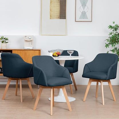 Swivel Dining Chairs Set of 4, Mid Century Modern Dining Chairs with Arms and Wood Legs, Linen Fabric Upholstered Kitchen Chairs for Dining Room Living Room, Comfortable Widen Seat, Blue