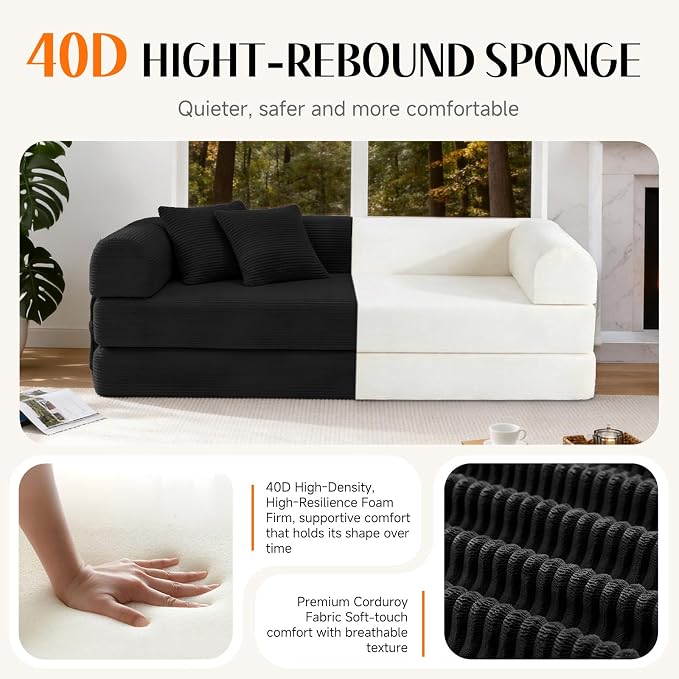 78.8" Memory Foam Boneless Couch, Corduroy Floor Sofa Bed, Convertible Sleeper Futon Loveseat, Wide Armrests & Back Support, Supports Up to 1200 lbs, Couch in a Box with 2 Pillows, Black