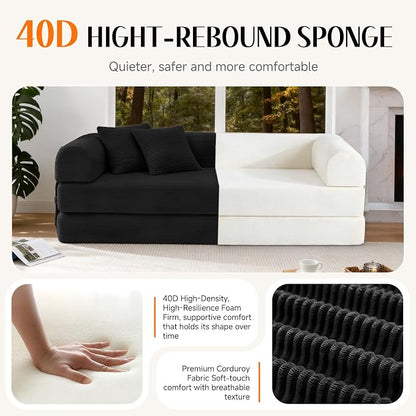 78.8" Memory Foam Boneless Couch, Corduroy Floor Sofa Bed, Convertible Sleeper Futon Loveseat, Wide Armrests & Back Support, Supports Up to 1200 lbs, Couch in a Box with 2 Pillows, Black