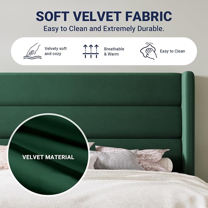 Allewie King Size Platform Bed Frame with Velvet Upholstered Wingback Headboard, No Box Spring Needed, Strong Wooden Slats, Under Bed Storage Space, Modern Mattress Foundation, Easy Assembly, Green