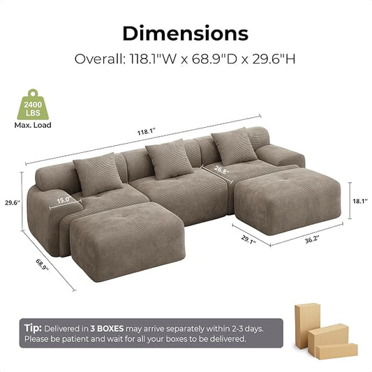 LIKIMIO LumiCord 118" Tufted Modular Sectional Sofa, Modern U-Shaped Boneless Couch for Living Room, 26.8" Deep Seat, 18.1" High Seating, 15" Wide Armrest, Corduroy, Light Brown