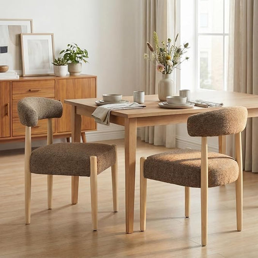 VKNOW Wooden Dining Chairs Set of 2 with Curved Open Back, Dark Brown | Natural Rubberwood Legs, Soft Chenille Fabric, Thickened Cushion, For Adults and Family, Dining Room, Kitchen, No Wobble