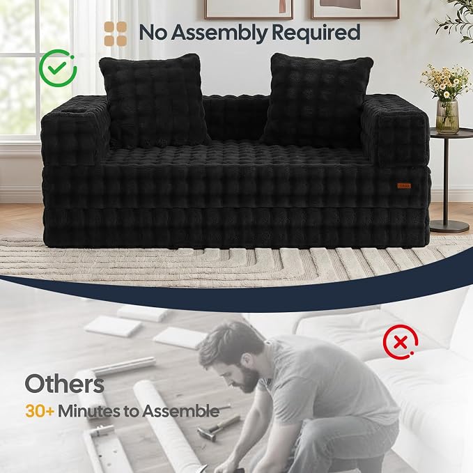 COMAX Futon Sofa Bed, Convertible Sofa Bed, Folding Boneless Couches | Boneless Couch for living room, Fold Out Small Foldable Loveseat Floor Sleeper Mattress Lounge Space‑Saving, Dark Black