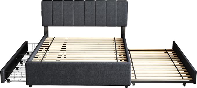 Full Size Upholstered Platform Bed w/Trundle Bed & 2 Storage Drawers | Twin Size Trundle,Two Drawers,LED Lighting Controlled by APP, USB+Type-C Charging Ports,Linen Upholstered Bed Frame,Dark Grey