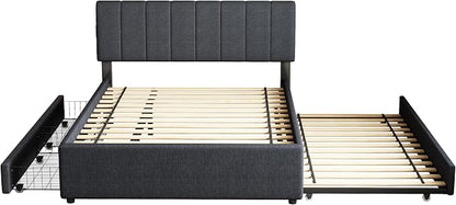 Full Size Upholstered Platform Bed w/Trundle Bed & 2 Storage Drawers | Twin Size Trundle,Two Drawers,LED Lighting Controlled by APP, USB+Type-C Charging Ports,Linen Upholstered Bed Frame,Dark Grey