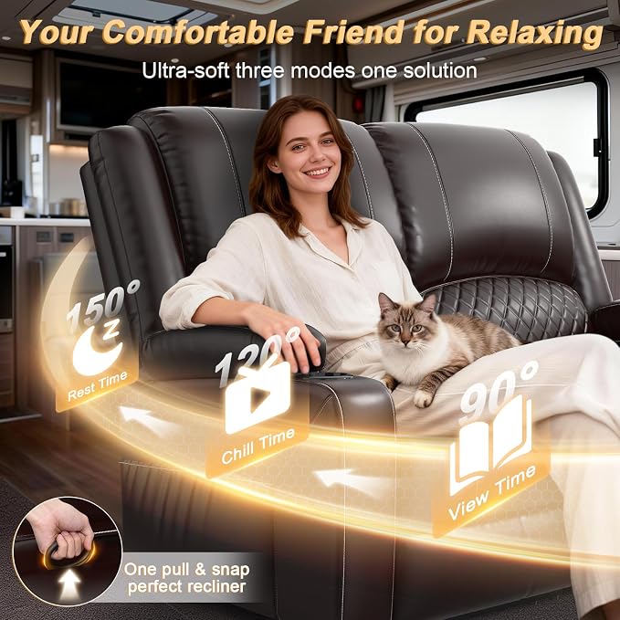 RV Loveseat Recliner Wall Hugger, Manual RV Reclining Loveseat with Removable Armrest, 3X Adjustable Theater Wall Hugger Loveseat Recliners with USB Ports, Cup Holders, Multi-Storage (PU,Brown)