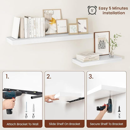 Vivelove 24/36/48/55 Inch Floating Shelves for Wall, 12 Deep Shelves for Room Wall Mounted, 2" Thick Floating Shelf for Living Room Bedroom Bathroom Kitchen Laundry Room, Set of 2 White