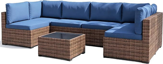 LHBcraft 7 Pieces Outdoor Wicker Rattan Patio Furniture, Wicker Rattan Outdoor Sectional Sofa Set with Coffee Table & Blue Cushions for Garden, Poolside