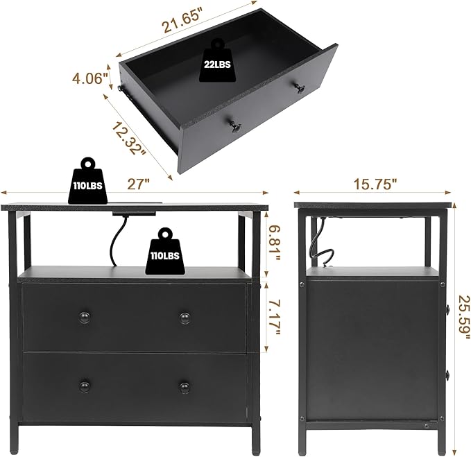 Edbuosy 27 inch Wide Nightstand Set 2 with Charging Station, Bedside Table with Open Shelf, 2 Drawers Small Wood Dresser, Modern Wood Nightstand for Bedroom/Living Room, Black
