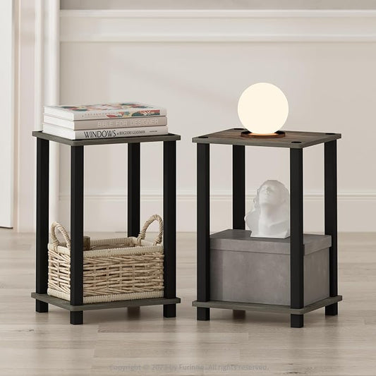 Furinno Simplistic Night Stand Set of 2, 2-Tier Small Nightstand with Open Shelf, Toolless Bedside Table, End Table, Side Table, for Bedroom, Closet, Dorm, French Oak