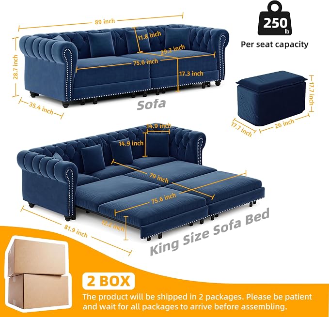 89'' Pull Out Sofa Bed King, Chesterfield Velvet Sleeper Sofa, Convertible L-Shaped Futon Couch, Tufted Back, 4 Pillows, Ottoman, Deep Seat Loveseat Couches for Living Room, Apartment, Blue