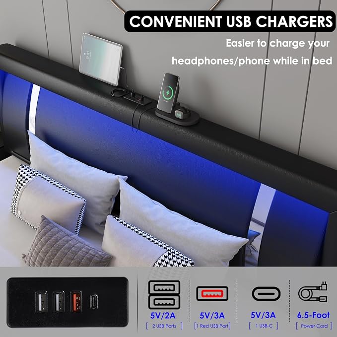 Full Size Bed Frame with RGB LED Lights Headboard & 2 Storage Drawers, Modern Upholstered Faux Leather Smart Platform Bed with Iron Metal Decor, USB & USB-C Charging Ports, No Box Spring Needed, Black
