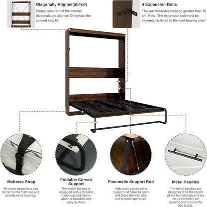 Hlivelood Full Size Murphy Bed with 2 LED Lights, Farmhouse Wood Hidden Foldable Wall Bed Frame w/Gas Struts, Storage Bed Cabinet for Bedroom, Office, Space-Saving, No Box Spring Needed, Brown