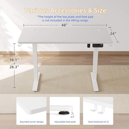YIHAYO Low Height Adjustable Desk, Lifts 18.1-28.3 Inches, Electric Standing Desk for Short People, 48 x 24 Inches Computer Table with Splice Board for Home Office, White