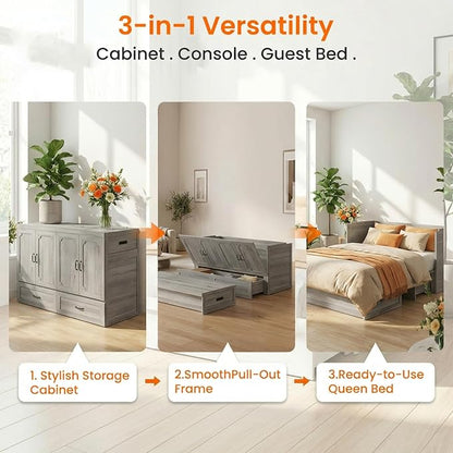 CECER Queen Murphy Bed with Mattress for Small Space/Guest-Grey | Large Storage Drawer ＆ Built-in Multi-Port Charging Station，Space Saving ＆ Easy Assemble and Conversion
