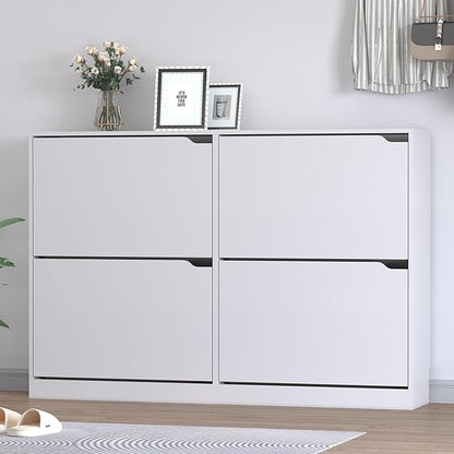 BORNOON Shoe Cabinet with 4 Flip Drawers, Narrow Hidden Shoe Storage Cabinet, Slim Freestanding Shoe Rack Organizer for Entryway, Hallway, Bedroom, Living Room