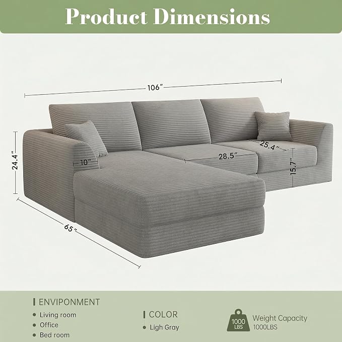 106" Modular Sectional Sofa with Deep Seat, L-Shaped Corduroy Couch with Reversible Chaise, 3-Piece Set for Living Room Bedroom Apartment, No Assembly Required | Modular Design